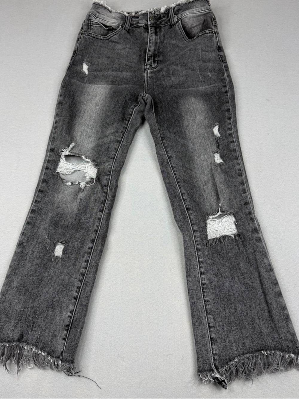 Risen High Rise Crop Flare Jeans 27 Gray Distressed Raw Hem Stretch Y2K